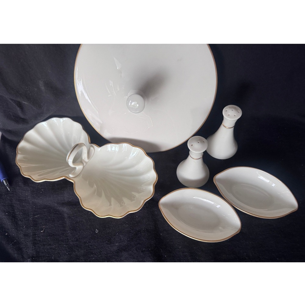 Lenox‎ Bone China Gold Trim Serving Set Shell Dish Salt Pepper Shakers 6pc